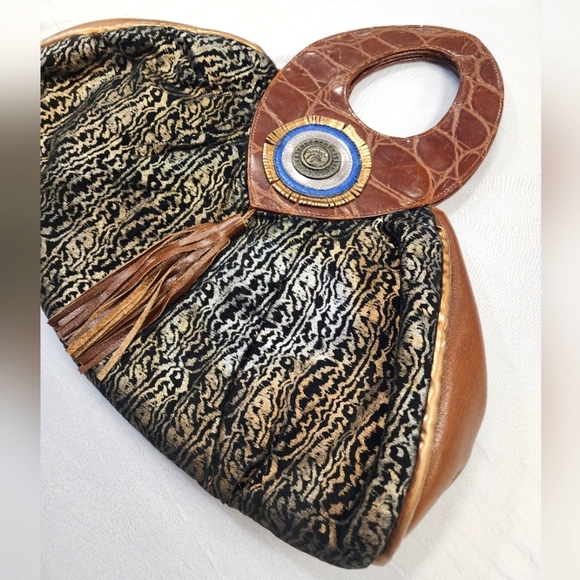 Women's Metallic Copper Brown Mixed Material Ethnic Ornate Sturdy Hand Purse Bag - Picture 4 of 16